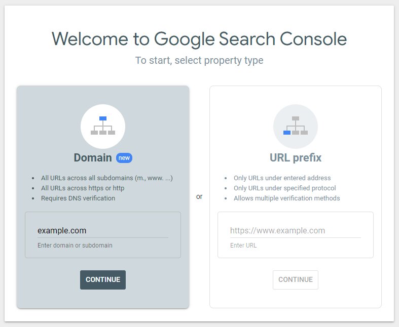 La fenêtre Bienvenue dans Google Search Console dans laquelle nous sélectionnons l'option Domaine.