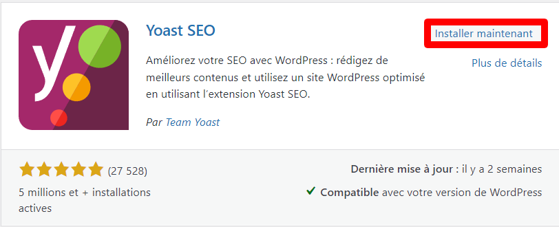 Cliquez sur le bouton Installer maintenant pour obtenir le plugin Yoast SEO.