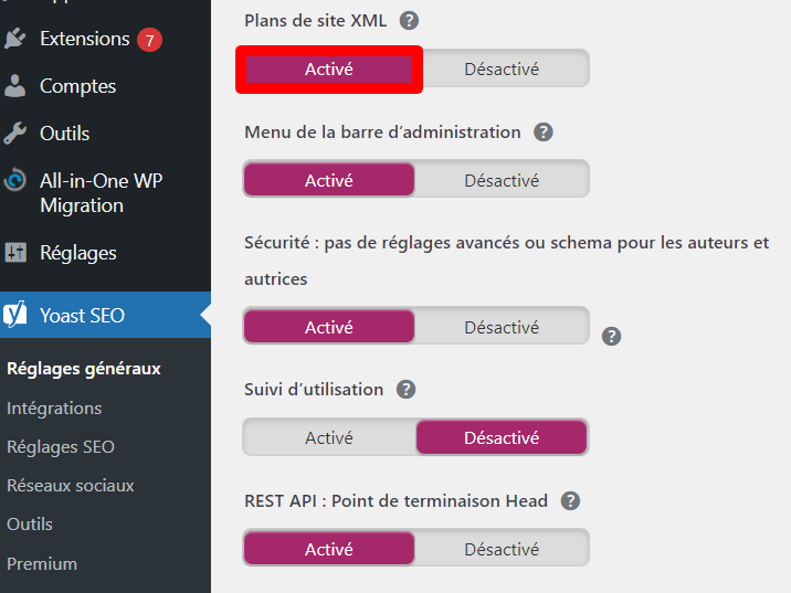 Sélectionner le bouton Activé sous les plans de site XML