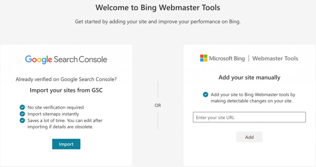 Accueil de la fenêtre de Bing Webmaster Tools où nous cliquons sur le bouton importer
