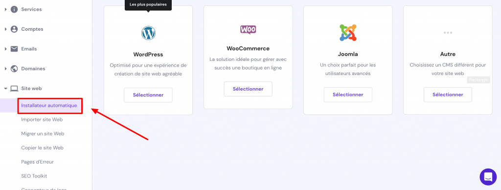 Installateur automatique sur hPanel 