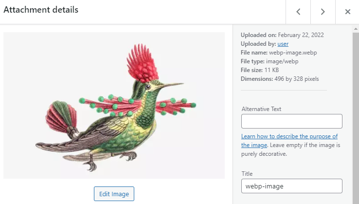 Détails de l'image WebP dans la médiathèque de WordPress.
