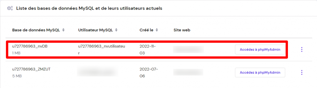 Une fenêtre montrant la liste des bases de données et des utilisateurs MySQL actuels