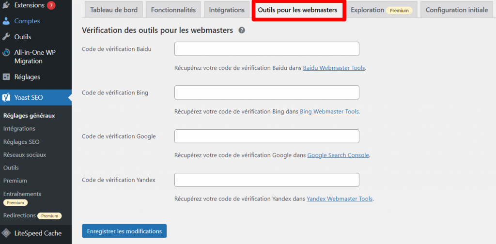 l'onglet Outils pour les Webmasters dans les réglages généraux du plugin Yoast SEO