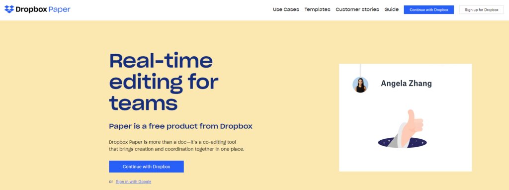 La page d'accueil de Dropbox Paper, une application de collaboration documentaire