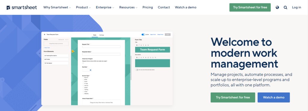 La page d'accueil de Smartsheet, un outil de gestion de projet basé sur un tableur.