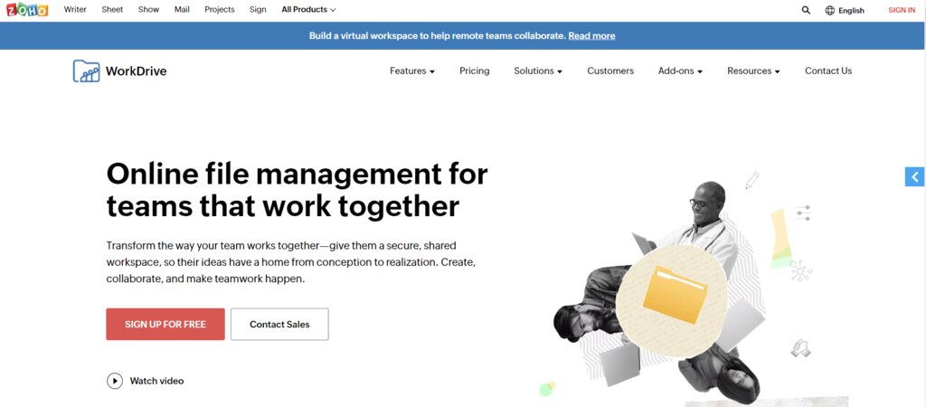 La page d'accueil de Zoho WorkDrive, une plateforme de gestion de documents