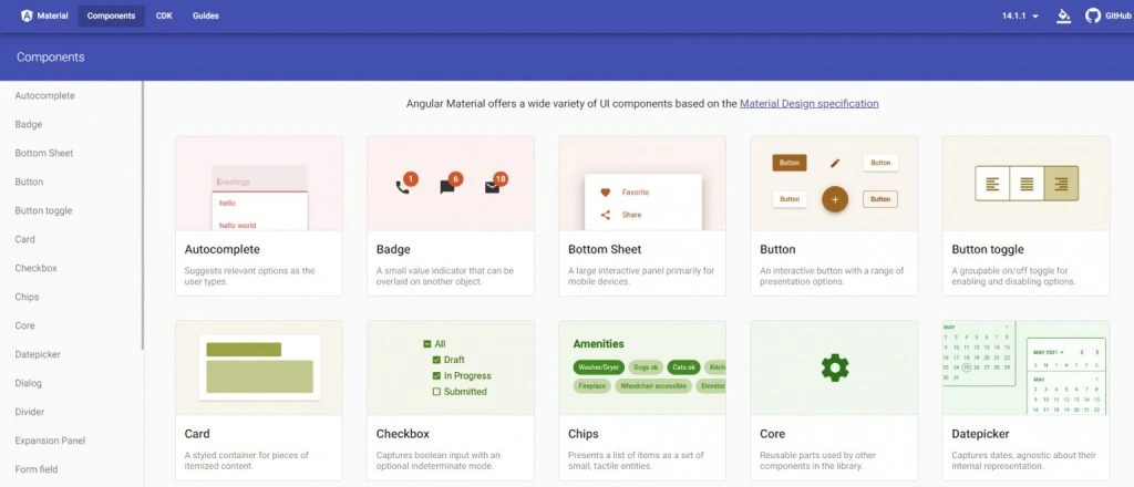 La page des composants d'Angular