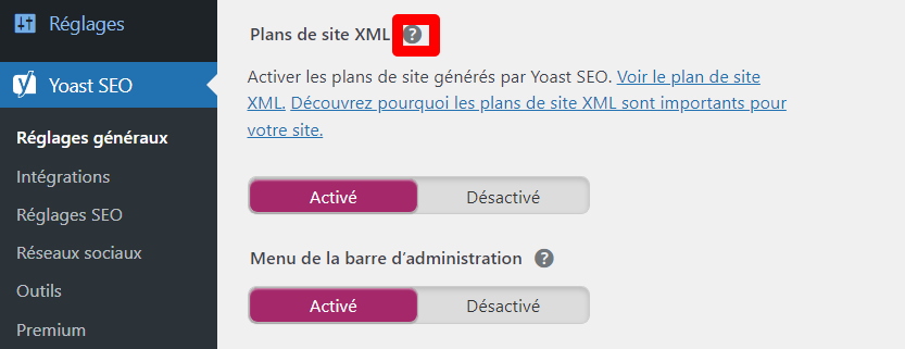 Cliquez sur l'icône de point d'interrogation pour vérifier le lien sitemap XML