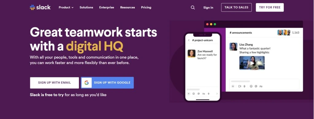 La page d'accueil de Slack, un outil collaboratif en ligne de messagerie instantanée 