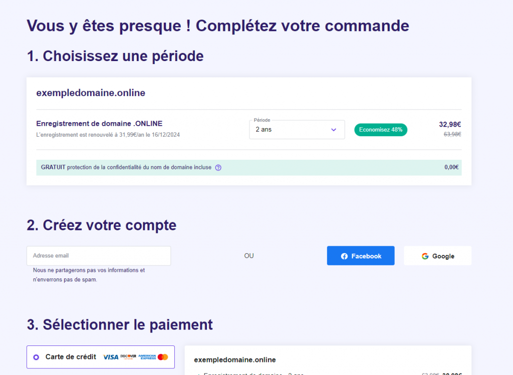 Remplir les détails de la commande sur Hostinger