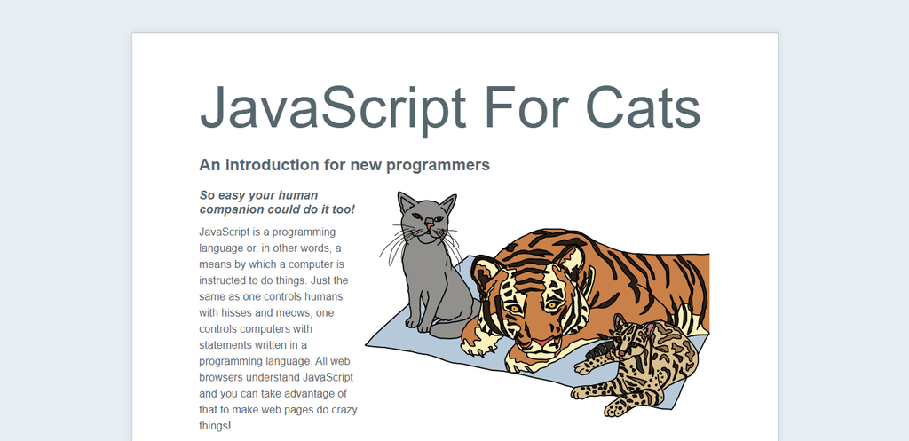 Page d'accueil du site Javascript for Cats 