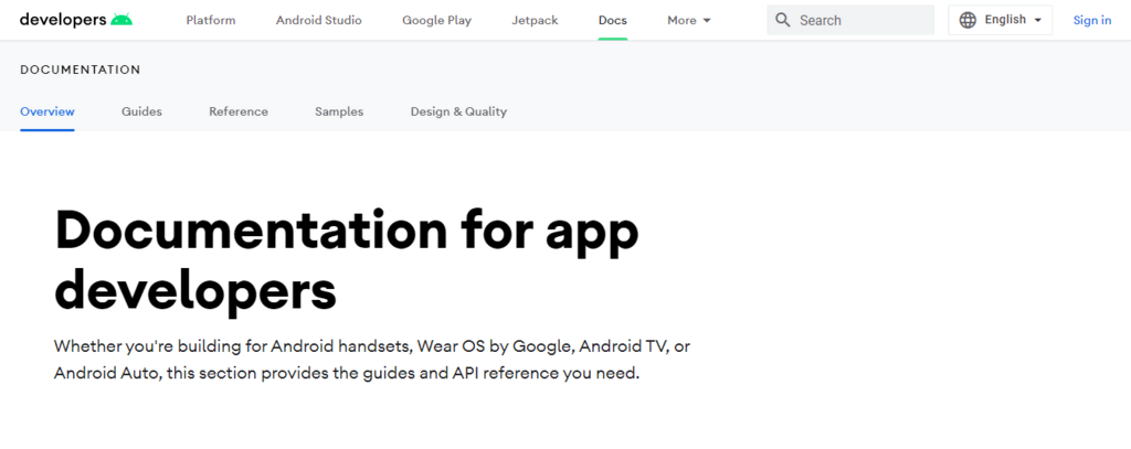 page accueil Documentation pour les développeurs Android