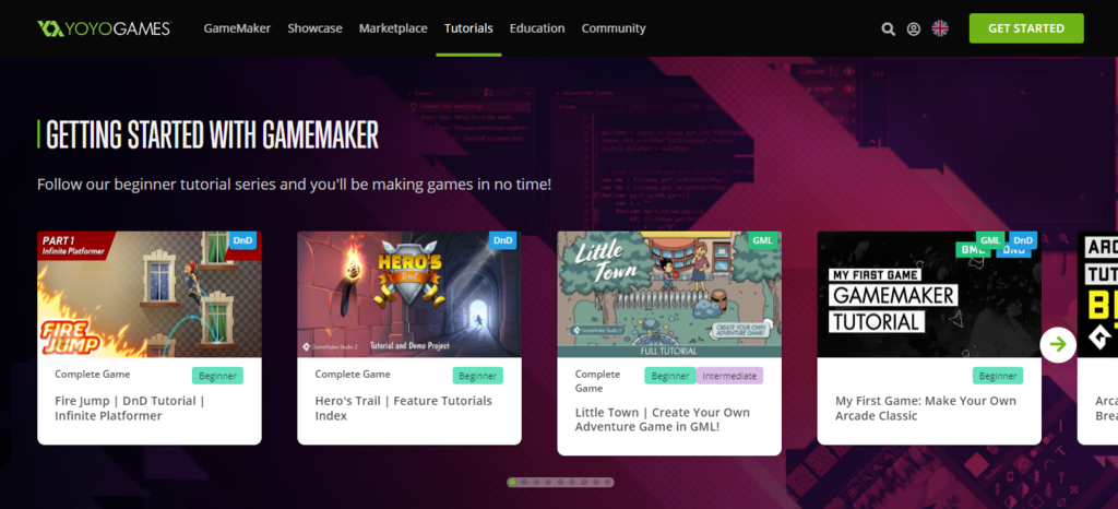 page accueil YoYo Games GameMaker Tutorials