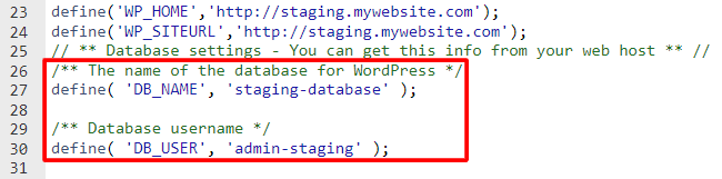 changer le DB_NAME et le DB_USER dans le fichier wp-config.php par le nom de la base de données et le nom d'utilisateur de votre site de test.