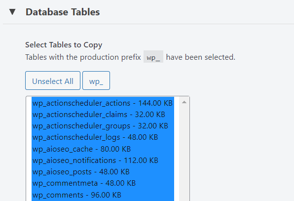 La section Database Tables dans le tableau de bord du plugin WP Staging.