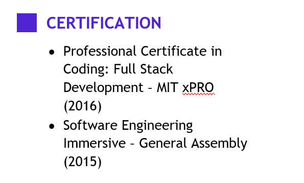 Exemple de la partie des certification du CV d'un développeur web 