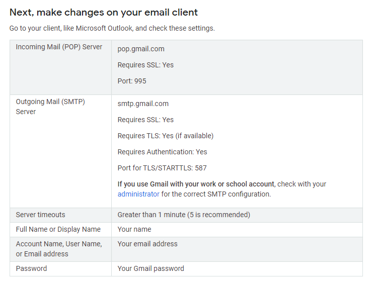 Instructions de configuration pour l'utilisation d'un client de messagerie dans Gmail