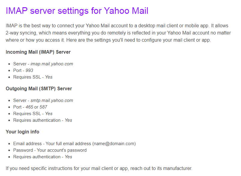 Paramètres du serveur IMAP pour Yahoo Mail