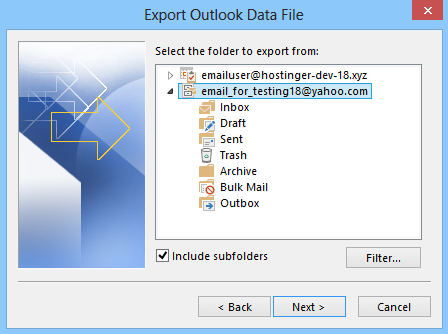 Sélection d'un compte de messagerie à exporter dans Microsoft Outlook