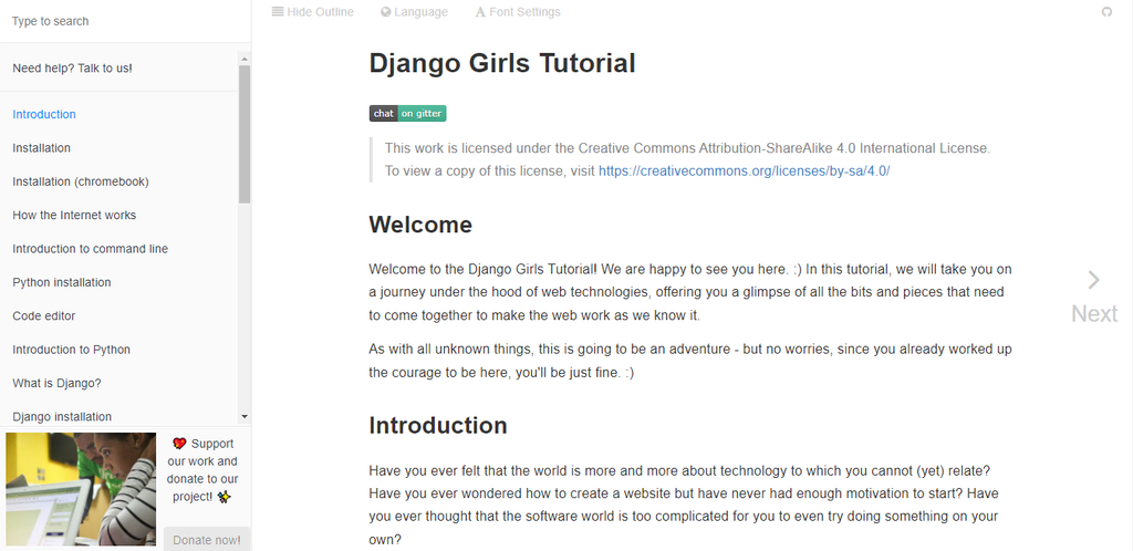 La page d'introduction du site web Django Girls Tutorial