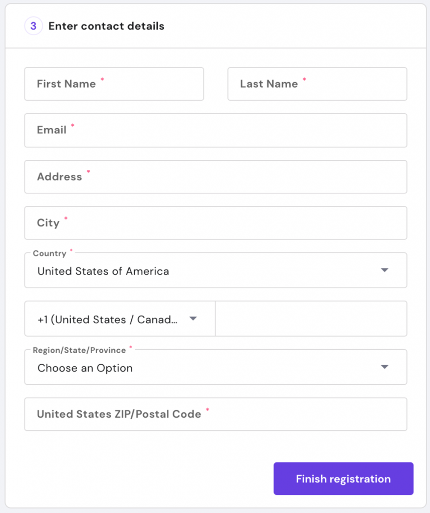 Formulaire sur la page de configuration de la commande de domaine sur Hostinger