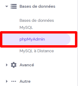 Sélectionner la base de données PHPmyAdmin sur hPanel