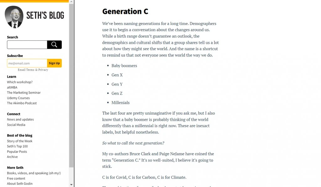 Capture d'écran du blog de Seth Godin