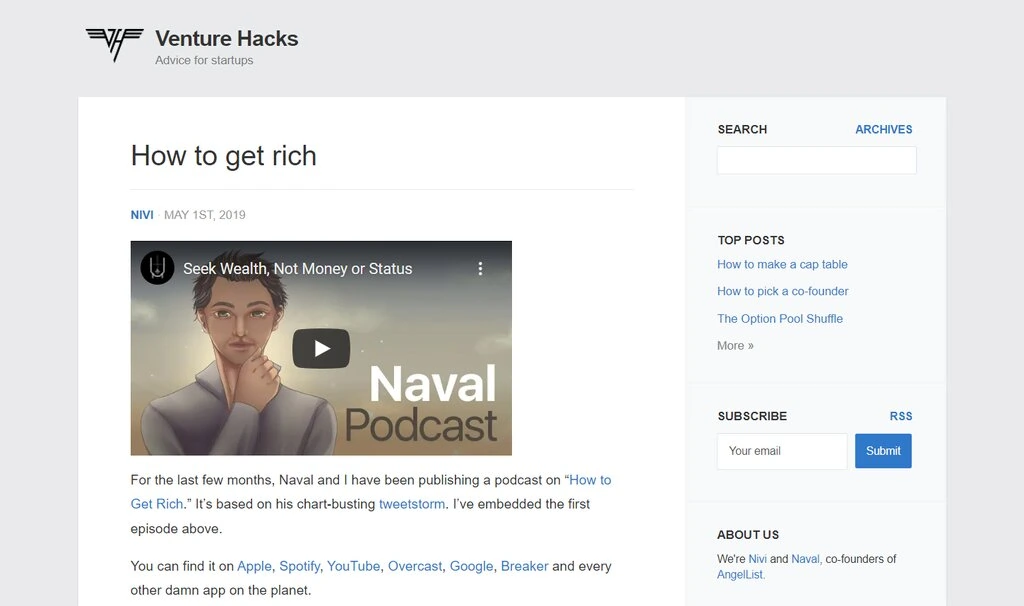 Capture d'écran du blog : Venture Hacks 