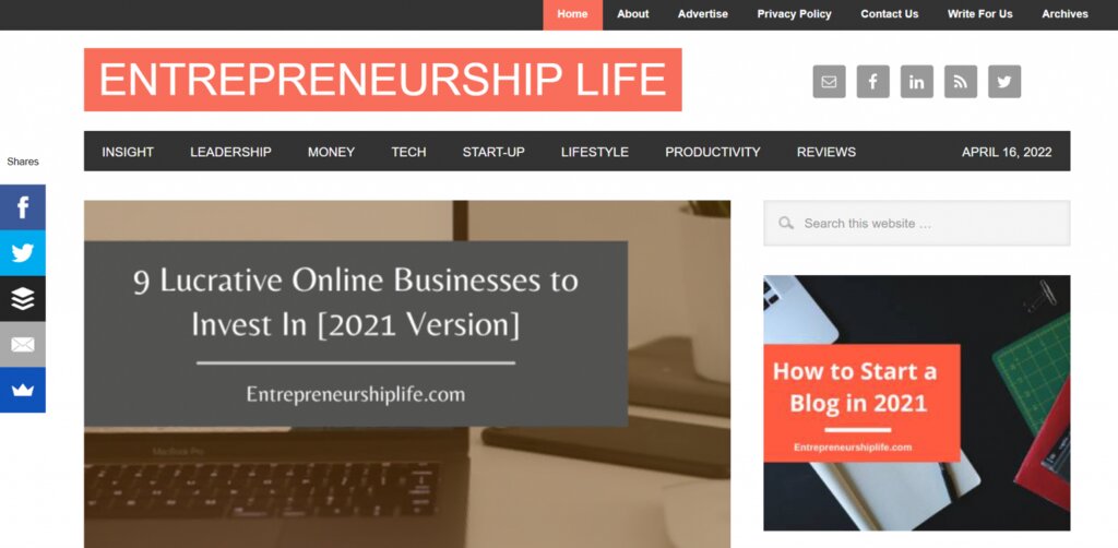 Capture d'écran du site Entrepreneurship Life 