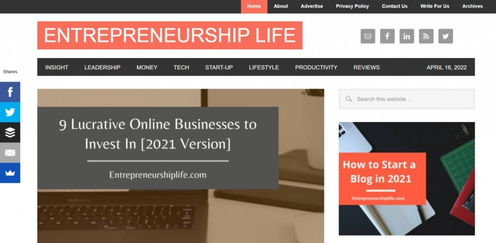 Capture d'écran du site Entrepreneurship Life 
