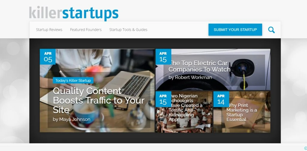 Capture d'écran du site Killer Startups 