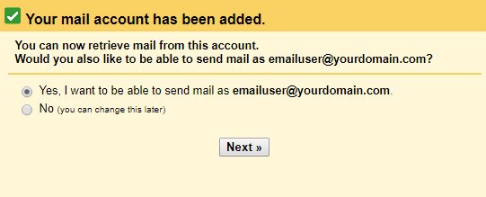 le message d'invite pour configurer gmail à envoyer des emails à partir de votre domaine personnalisé.