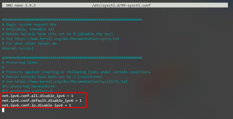 Résultat du terminal avec l'ajout de lignes au fichier 99-sysctl.conf afin de désactiver l'IPv6