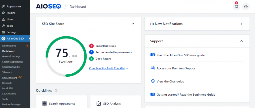  La page de configuration du plugin AIOSEO montrant le score et l'analyse du site SEO