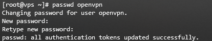 Résultat du terminal montrant la configuration du mot de passe pour OpenVPN