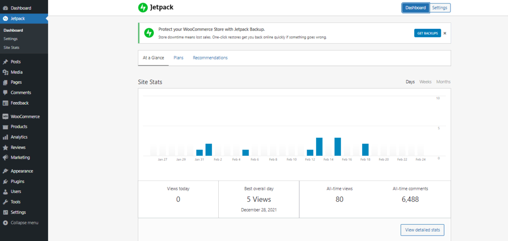 La page d'analyse de Jetpack sur le tableau de bord de WordPress, montrant les métriques et les statistiques du site web