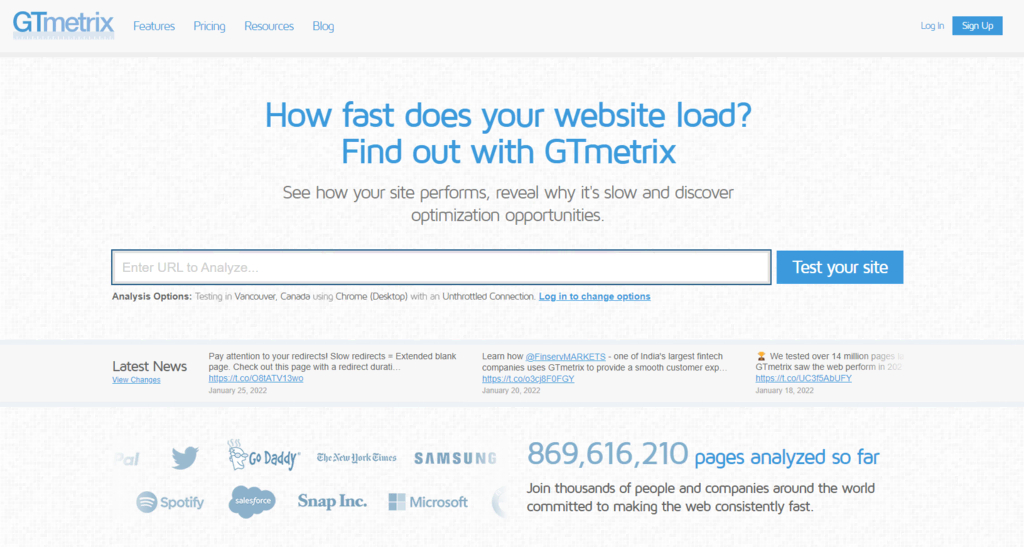 page d'accueil de l'outil de l'optimisation de vitesse site web GTmetrix