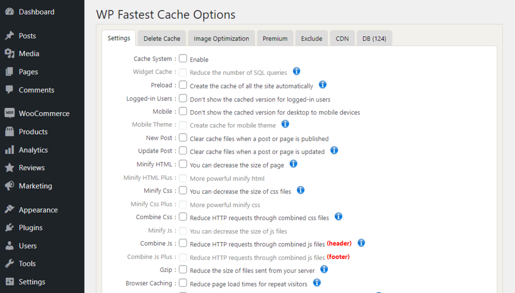 La page de réglages de WP Fastest Cache dans le tableau de bord de WordPress, montrant les cases à cocher du plugin