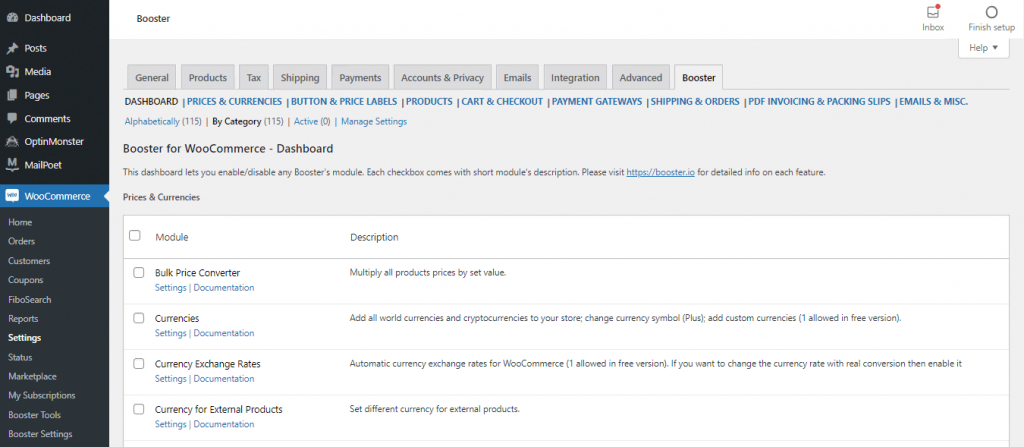 La page des réglages de Booster for WooCommerce sur le tableau de bord de WordPress, montrant les fonctionnalités du plugin