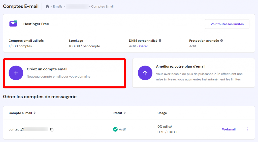 La page Emails du hPanel, montrant où cliquer sur Créer un compte email