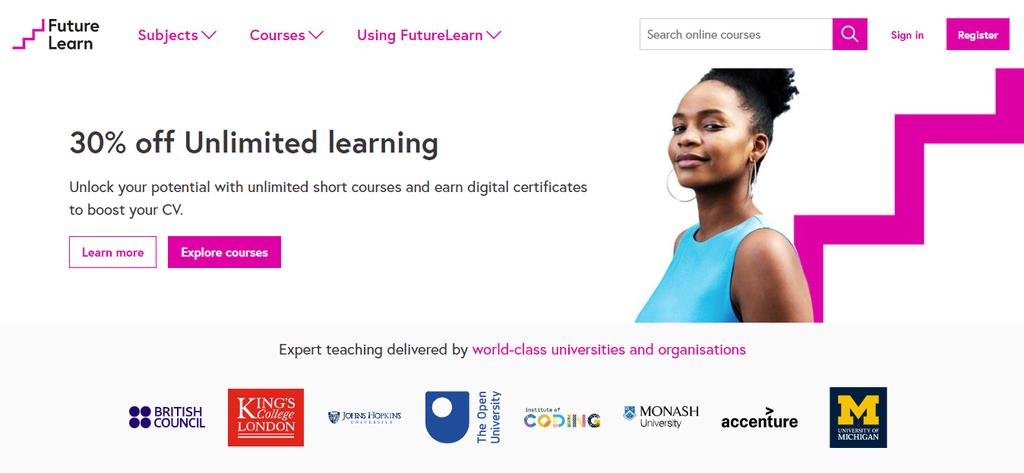 Page d'accueil de Futurelearn 