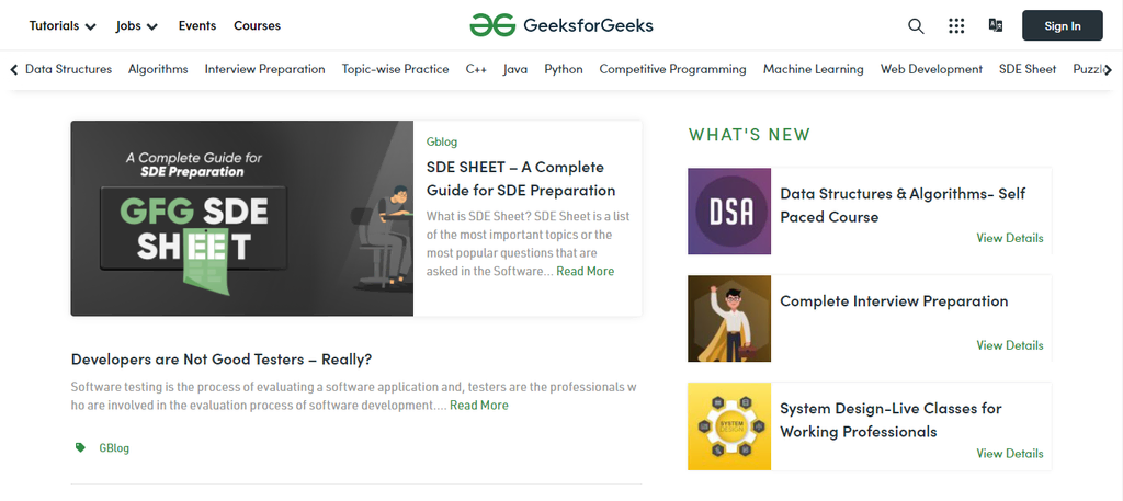 Page d'accueil du site web Geeks for Geeks 
