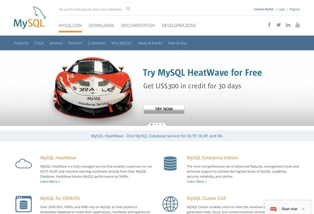 Page d'accueil du site de la base de données mysql