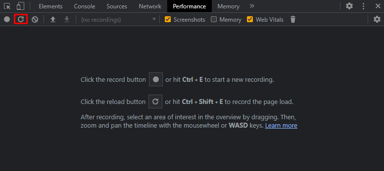 Le bouton de rechargement pour enregistrer le chargement de la page dans les outils du développeur de Chrome.