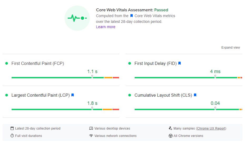 L'évaluation des vitaux web de base de PageSpeed Insight sur les appareils de bureau.