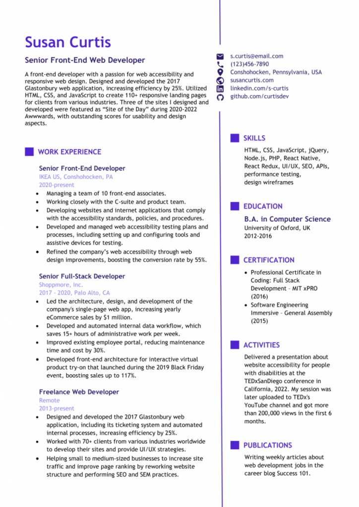 Exemple de CV de développeur web senior 