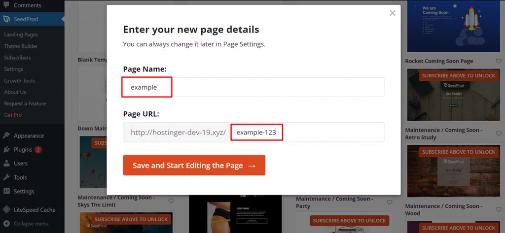 les détails de la page où vous devez entrer le nom de votre landing page wordpress et son URL.