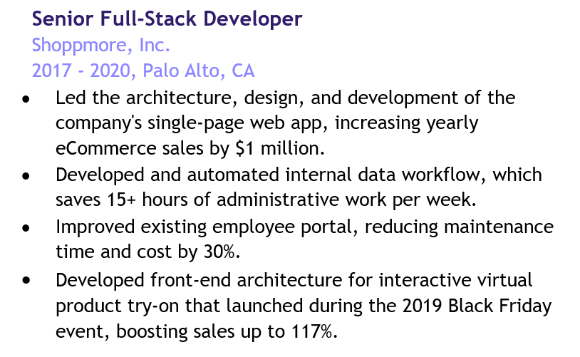 Extrait de CV d'un développeur full stack montrant l'impact du travail