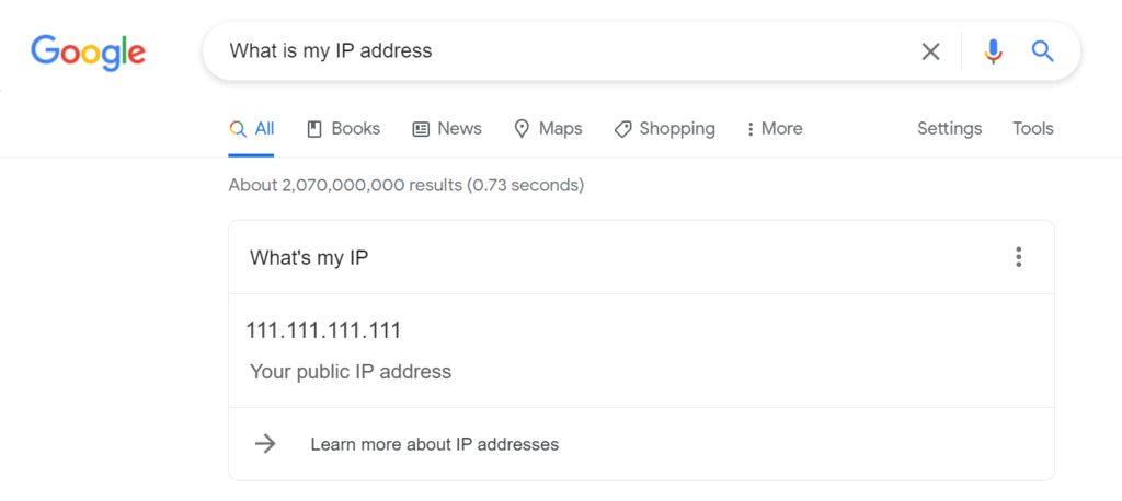 Résultat de la recherche Google pour "What's my ip address" (quelle est mon adresse IP)